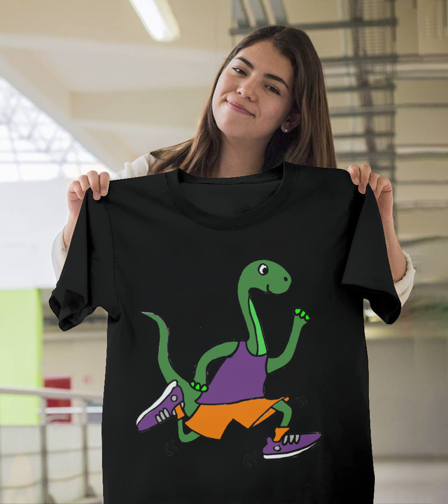 Cool Funny Green Brontosaurus Dinosaur Jog in Purple Sneakers and Orange Shorts T-Shirt