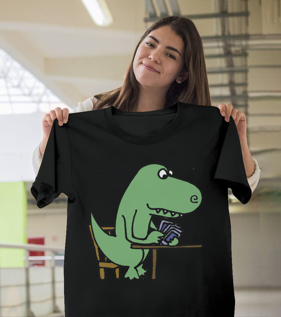 Cool Funny Green Rex Dinosaur Playing Cards at Table T-Shirt