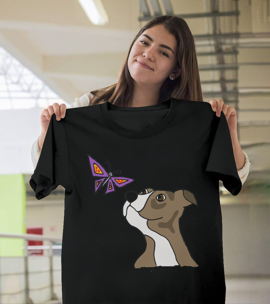 Cool Funny Grey Pitbull Puppy Dog and Butterfly Pizza T-Shirt