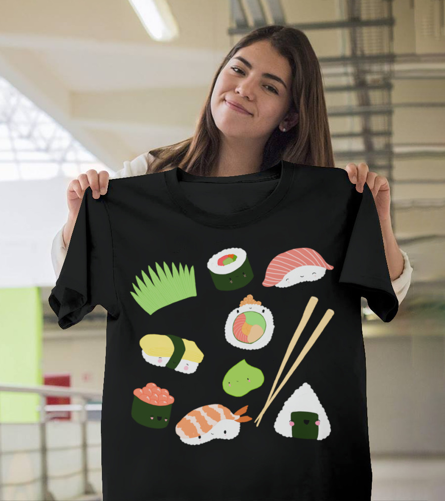 Adorable Sushi Characters Happy Sushi Time with Chopsticks and Wasabi T-Shirt