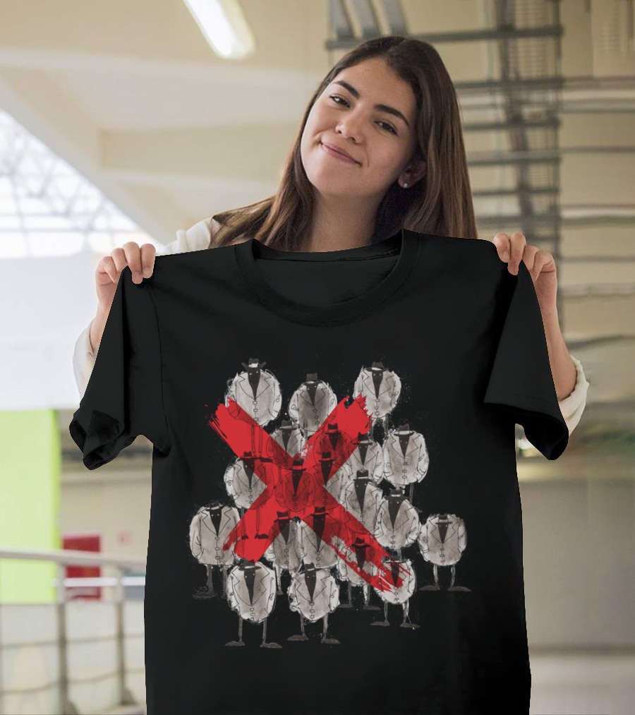 Suspicious Red X Over Owls in Black Suits T-Shirt