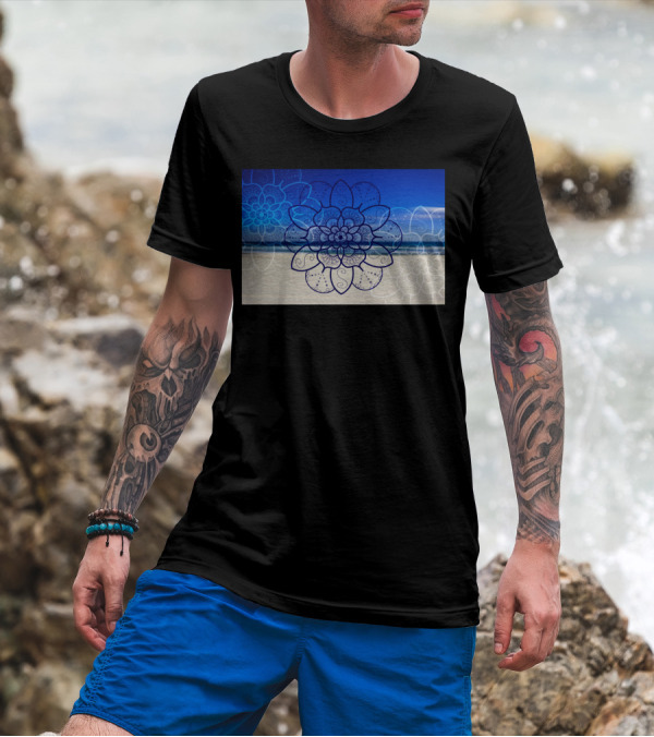 Mandala Flower Art On Bondi Beach Ocean Blue Background T-Shirt