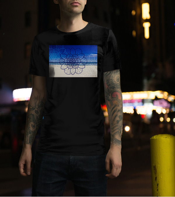 Mandala Flower Art On Bondi Beach Ocean Blue Background T-Shirt