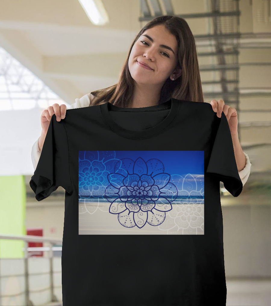 Mandala Flower Art on Bondi Beach Ocean Blue Background T-Shirt