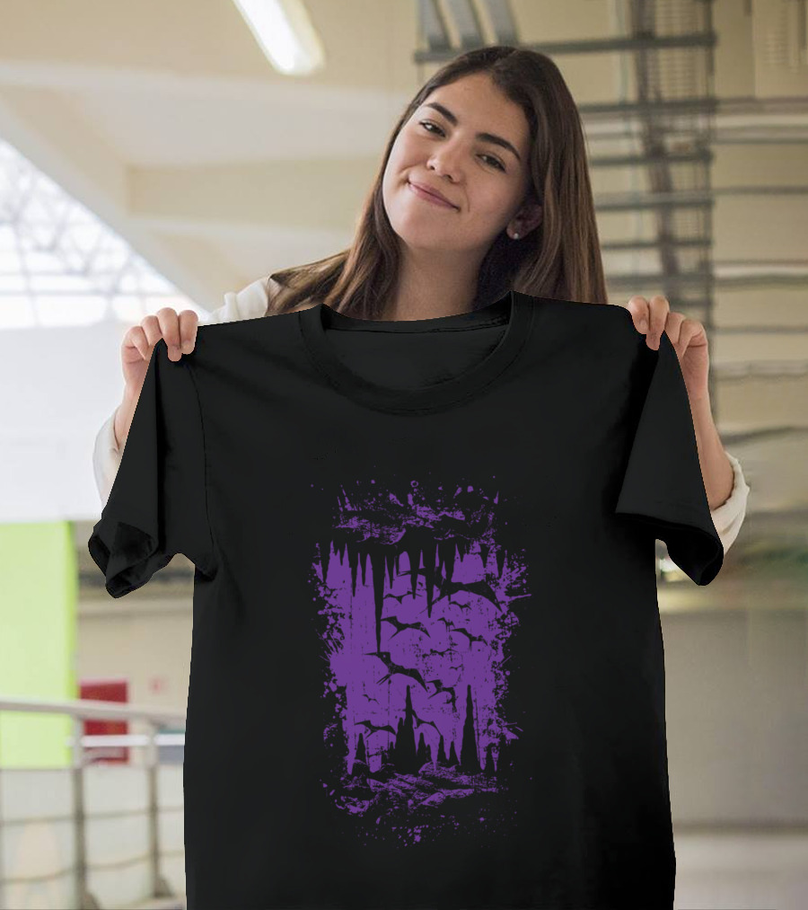 Purple Bat Cave Silhouette Stalagmites and Stalactites T-Shirt