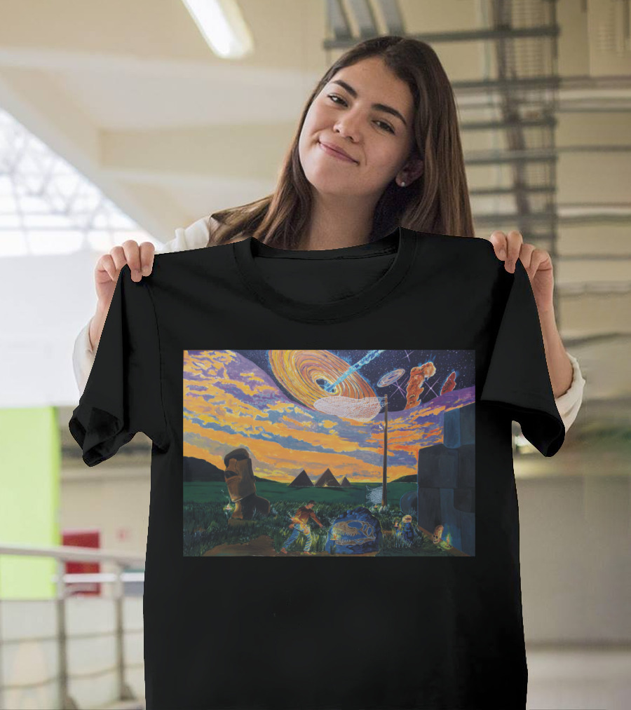 A Walk In The Night Of Times Pyramids Moai Stonehenge Cosmic Sky T-Shirt