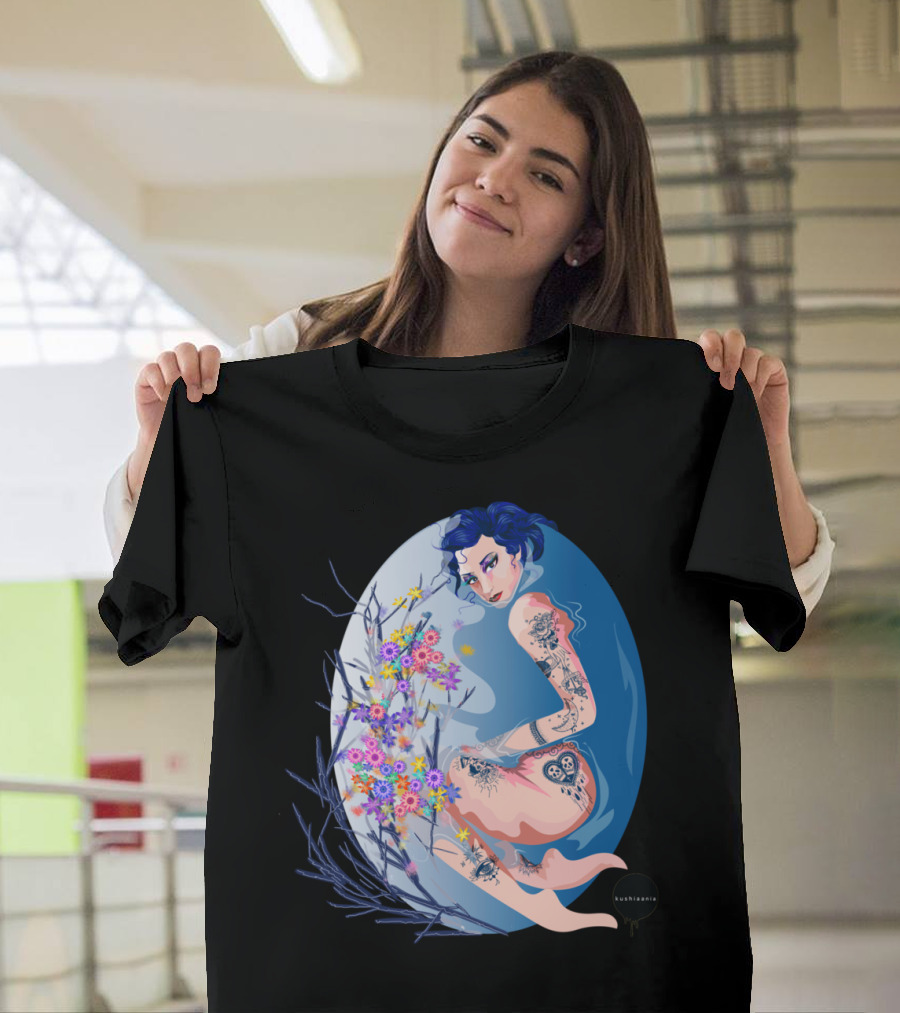 Bathtime Kushinov Tattoo Floral Art with Blue-Haired Figure T-Shirt
