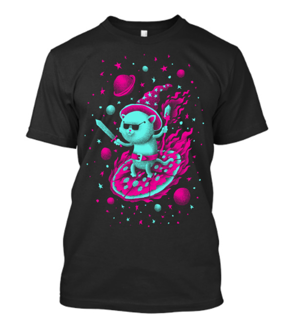 Cool Wizard Cat Riding Pizza Through Space T-Shirt
