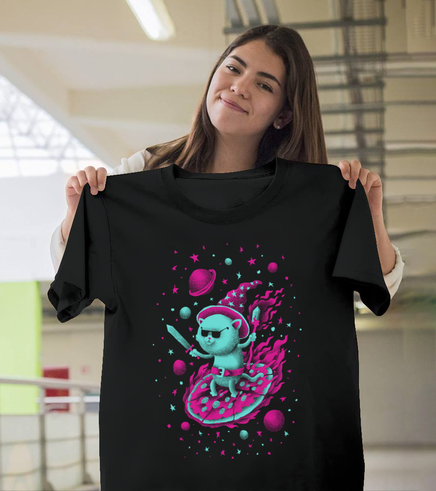 Cool Wizard Cat Riding Pizza Through Space T-Shirt