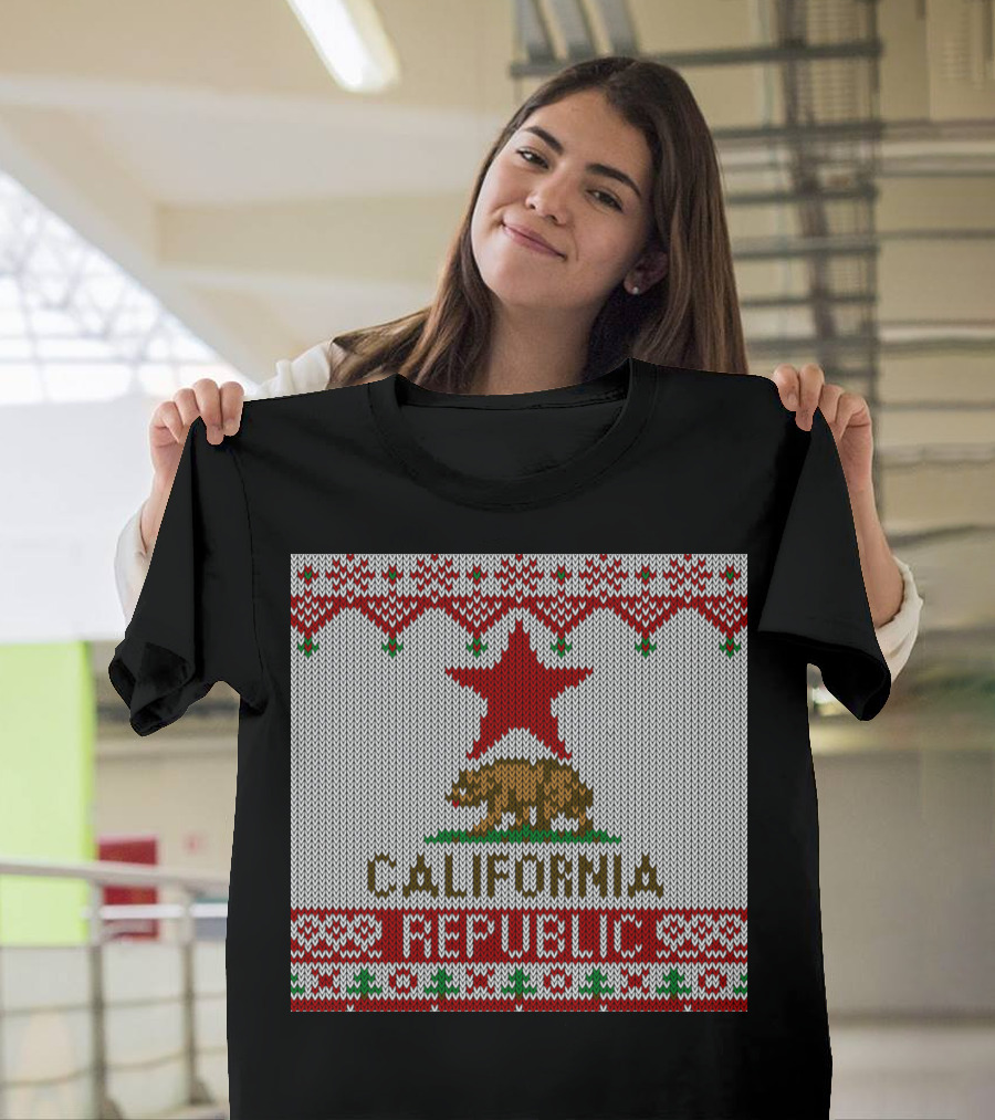 California Republic Ugly Christmas Sweater Style Flag T-Shirt