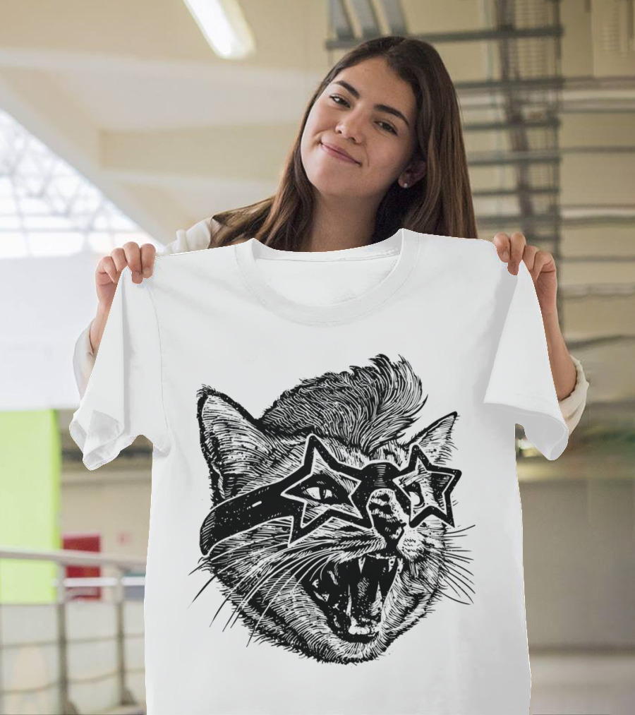 Angry Cat Star Glasses Roaring Feline T-Shirt