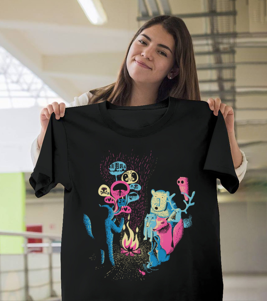 Firelight Tale with Forest Creatures and Symbolic Icons T-Shirt
