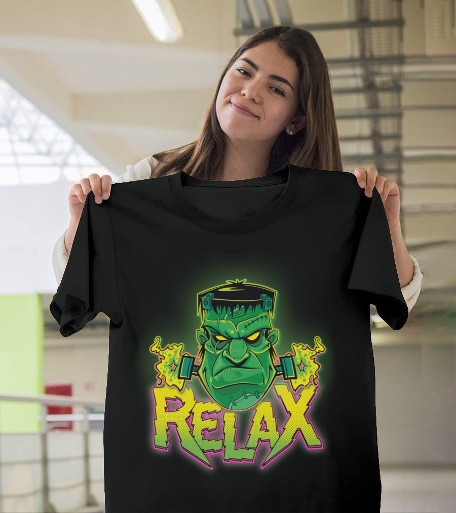 Frankenstein Says Relax Blazing Neon Green Face with Smoking Bolts T-Shirt