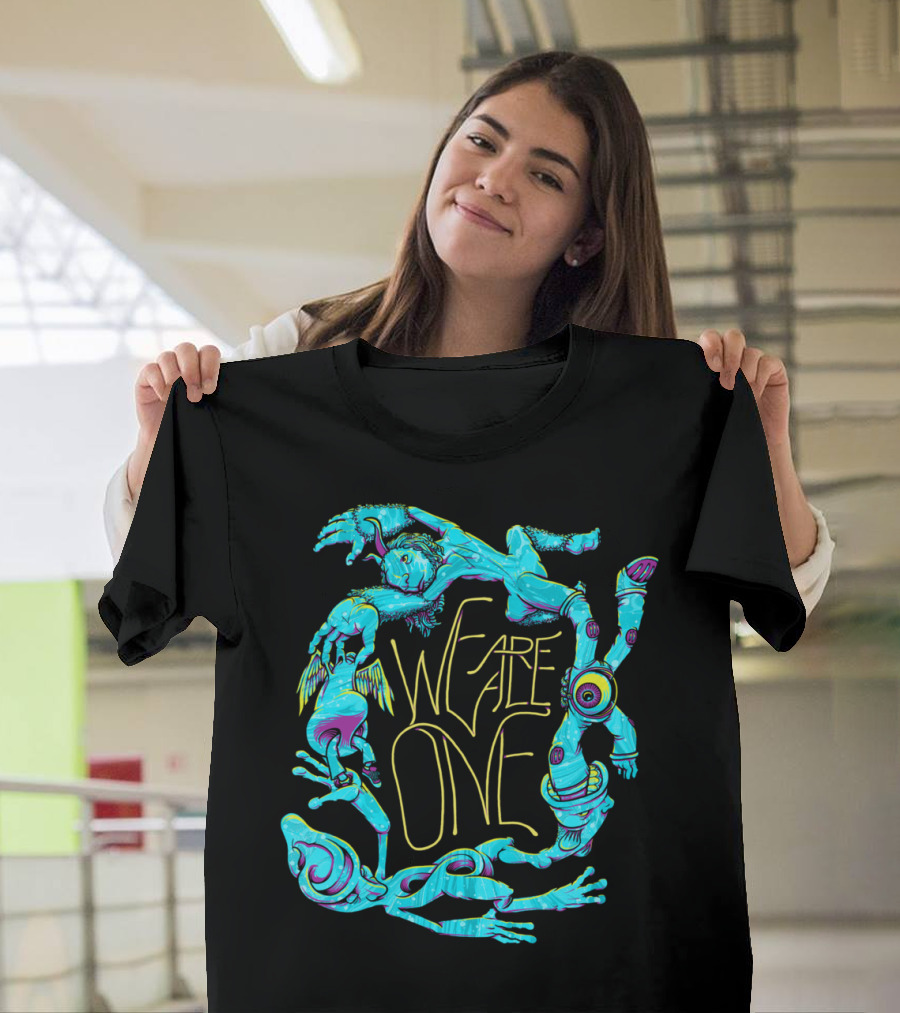 We Are All One Psychedelic Figures Mid-Century Style with Neon Fantasy Creatures T-Shirt