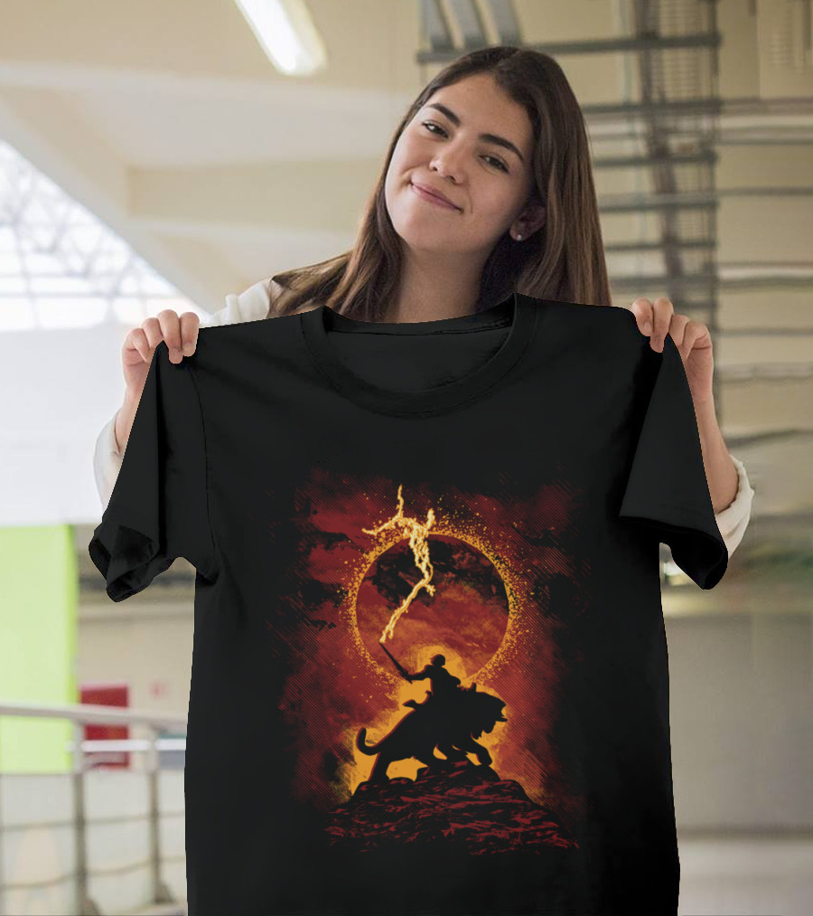 I Have The Power He-Man and Battle Cat Iconic Silhouette Against Fiery Cosmic Backdrop T-Shirt
