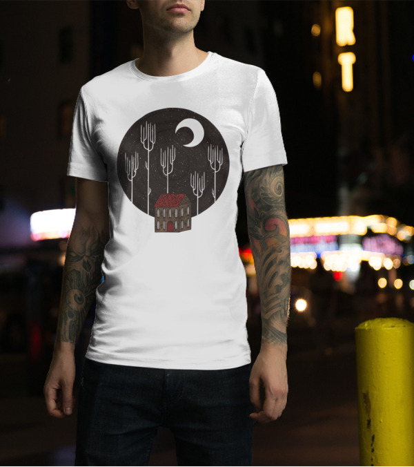 Another Night With Crescent Moon And Lonely House In The Dark Forest T-Shirt