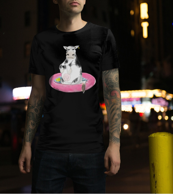 Grumpy Cow Sitting In Pink Inflatable Pool With Rubber Duck T-Shirt