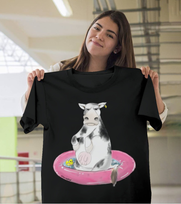 Grumpy Cow Sitting In Pink Inflatable Pool With Rubber Duck T-Shirt