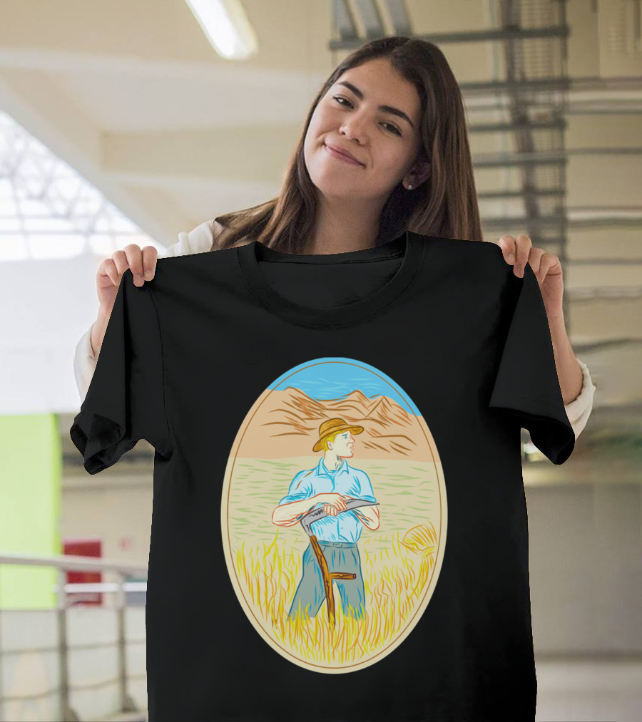 Wheat Organic Farmer Scythe Oval Vintage T-Shirt