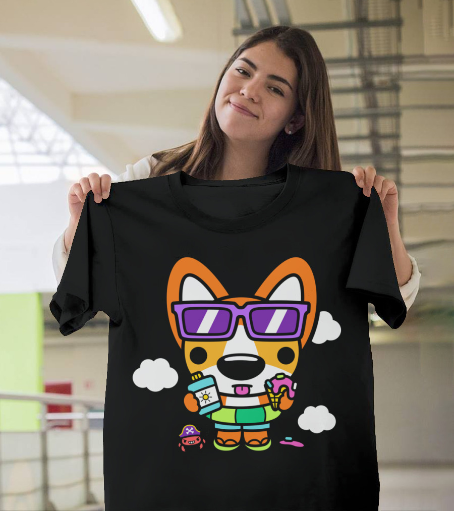 Beach Party Corgi with Sunglasses Ice Cream Sunscreen and Pirate Crab T-Shirt