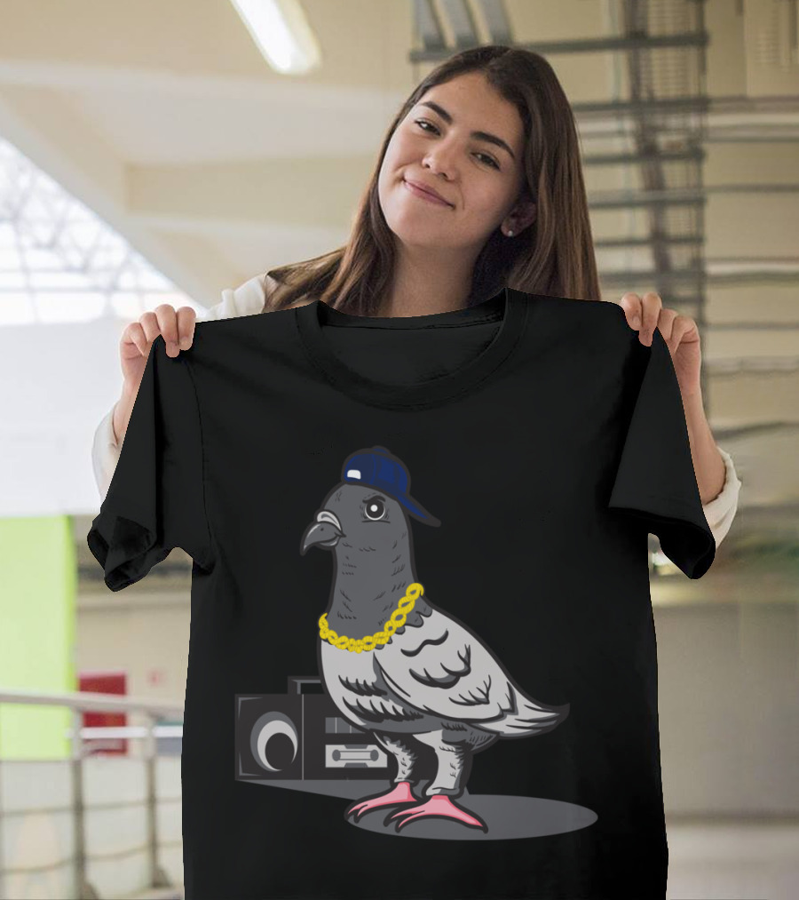 Fresh Pigeon Hip Hop Style with Cap Gold Chain and Boombox T-Shirt