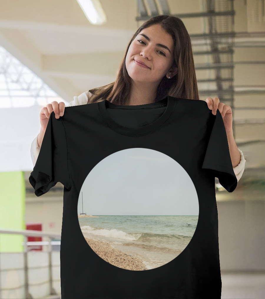 Beachscape Ocean Tranquility Pebble Shoreline with Sailboat T-Shirt