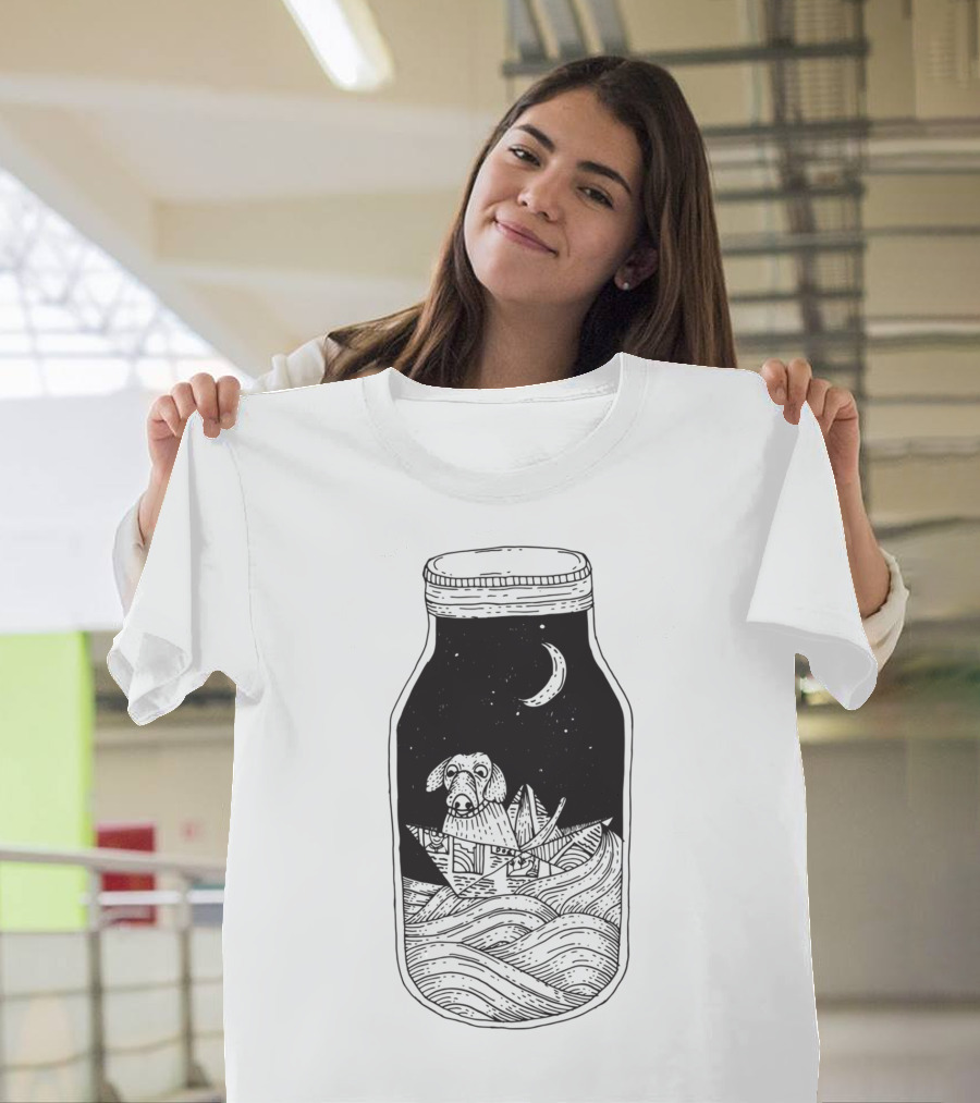 Dog in a Bottle with Moonlit Canoe Journey T-Shirt