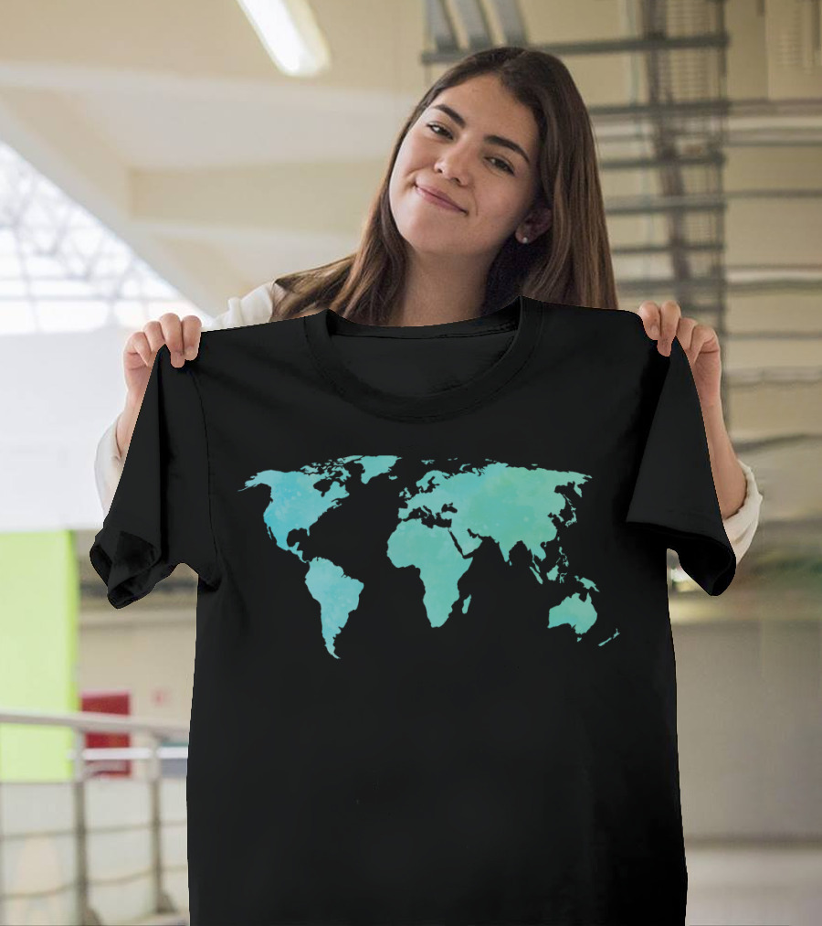 Aqua Teal Watercolor World Map T-Shirt