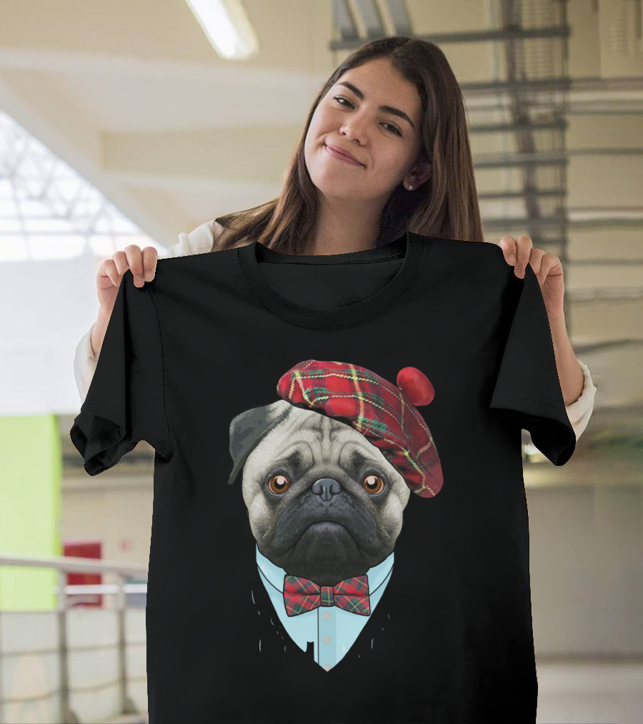 Pug Wearing Tartan Hat and Bow Tie T-Shirt