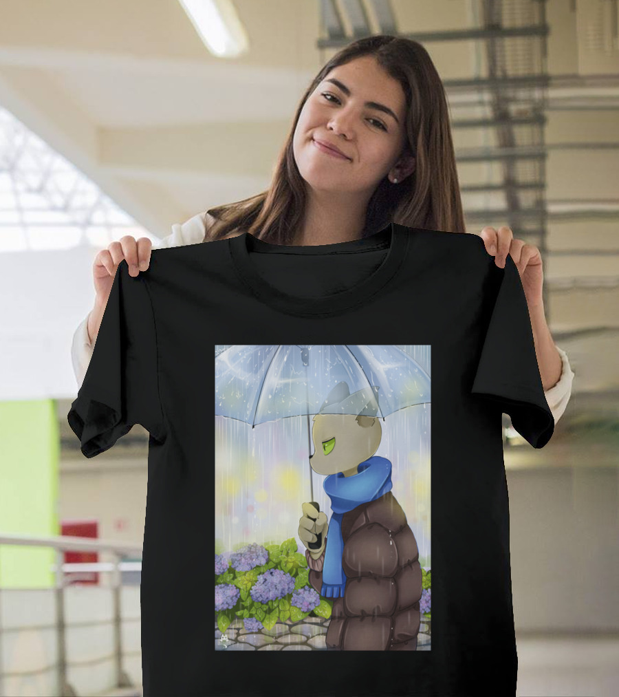 Rainy Day Teacher Cat with Blue Scarf and Umbrella T-Shirt