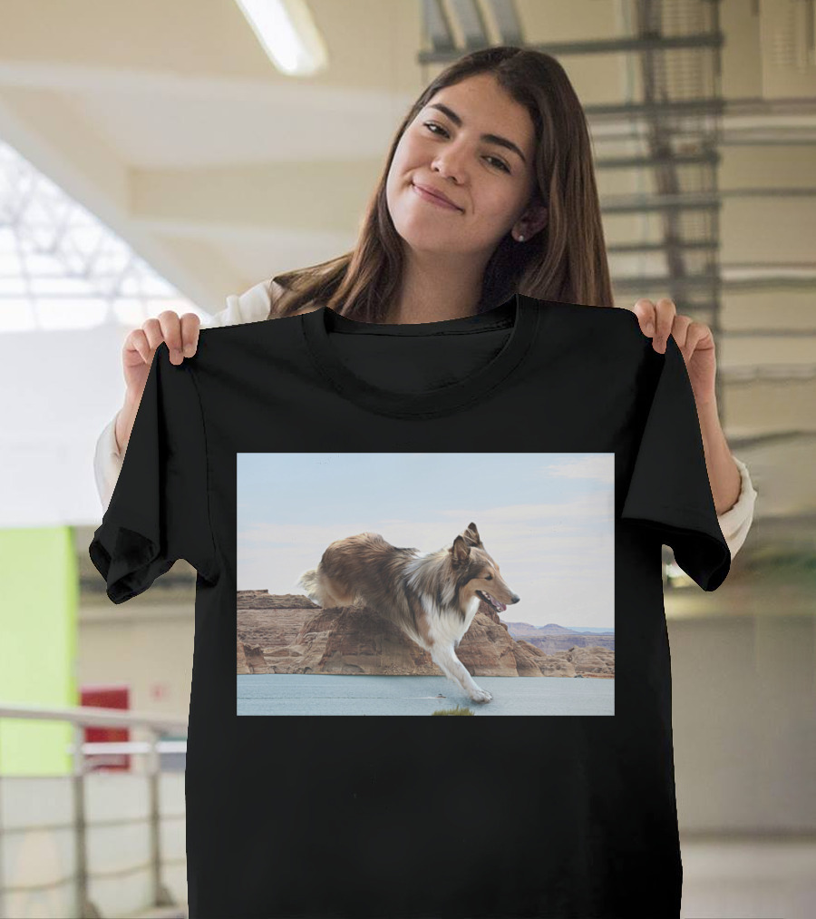 Aquilo Que Eu Sei Running Collie Over Desert Canyon Landscape T-Shirt