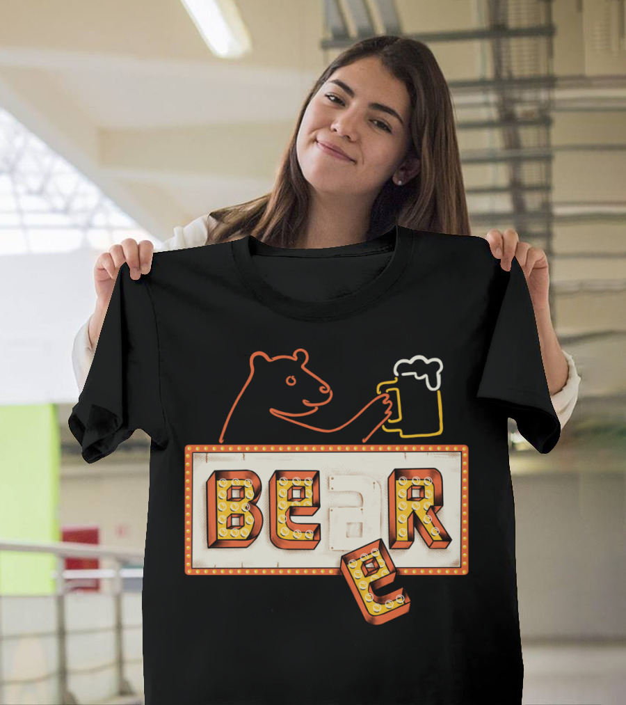 Bear Holding Beer Mug in Neon Sign T-Shirt