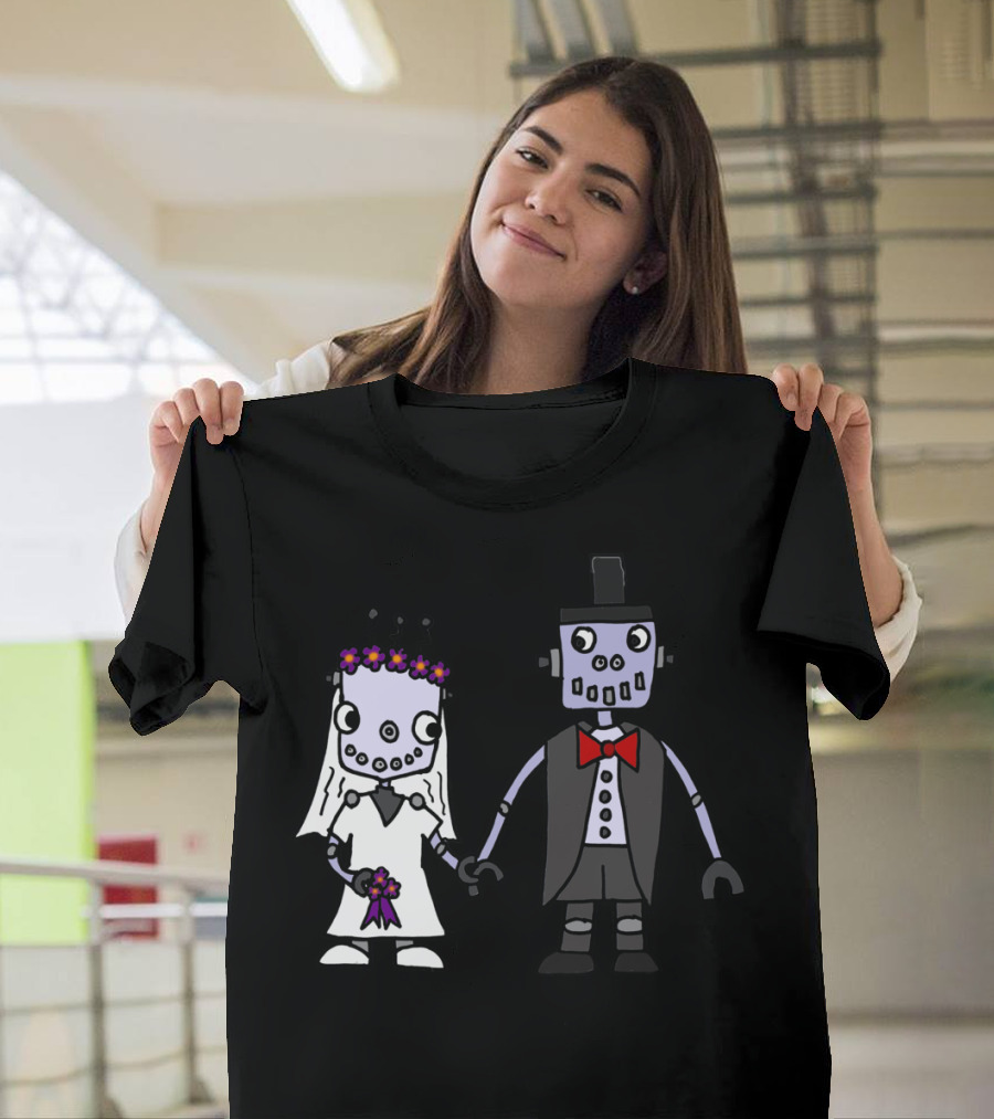 Funny Cool Robot Wedding Cartoon Bride and Groom T-Shirt
