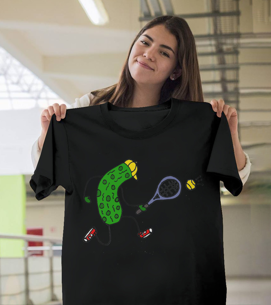 Funny Cute Pickle Playing Tennis with Yellow Cap and Red Sneakers T-Shirt