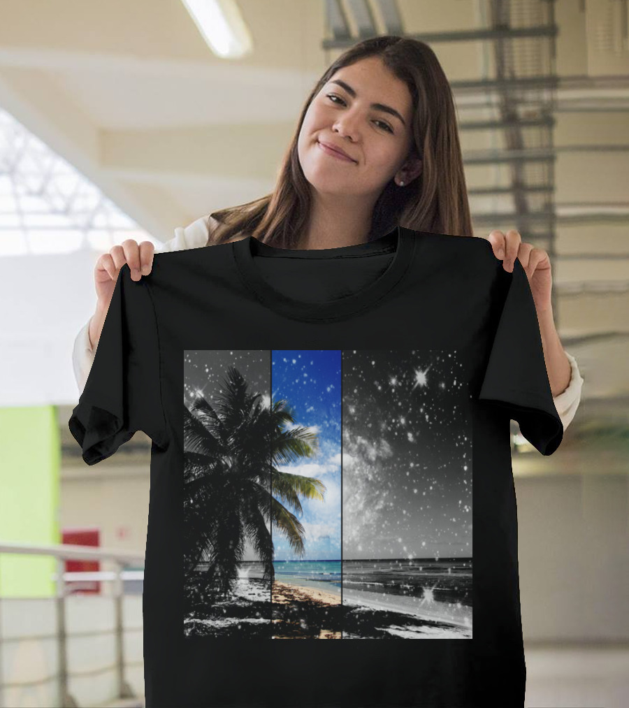 Caribbean Dreaming Tropical Beach Night Sky Palm Trees Ocean Contrast T-Shirt