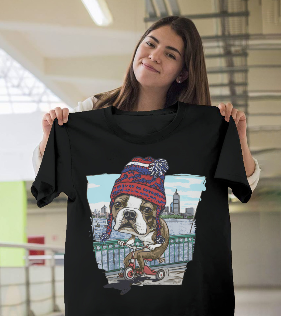 Boston Terrier in Red and Blue Hat Riding Tricycle by Boston Skyline T-Shirt