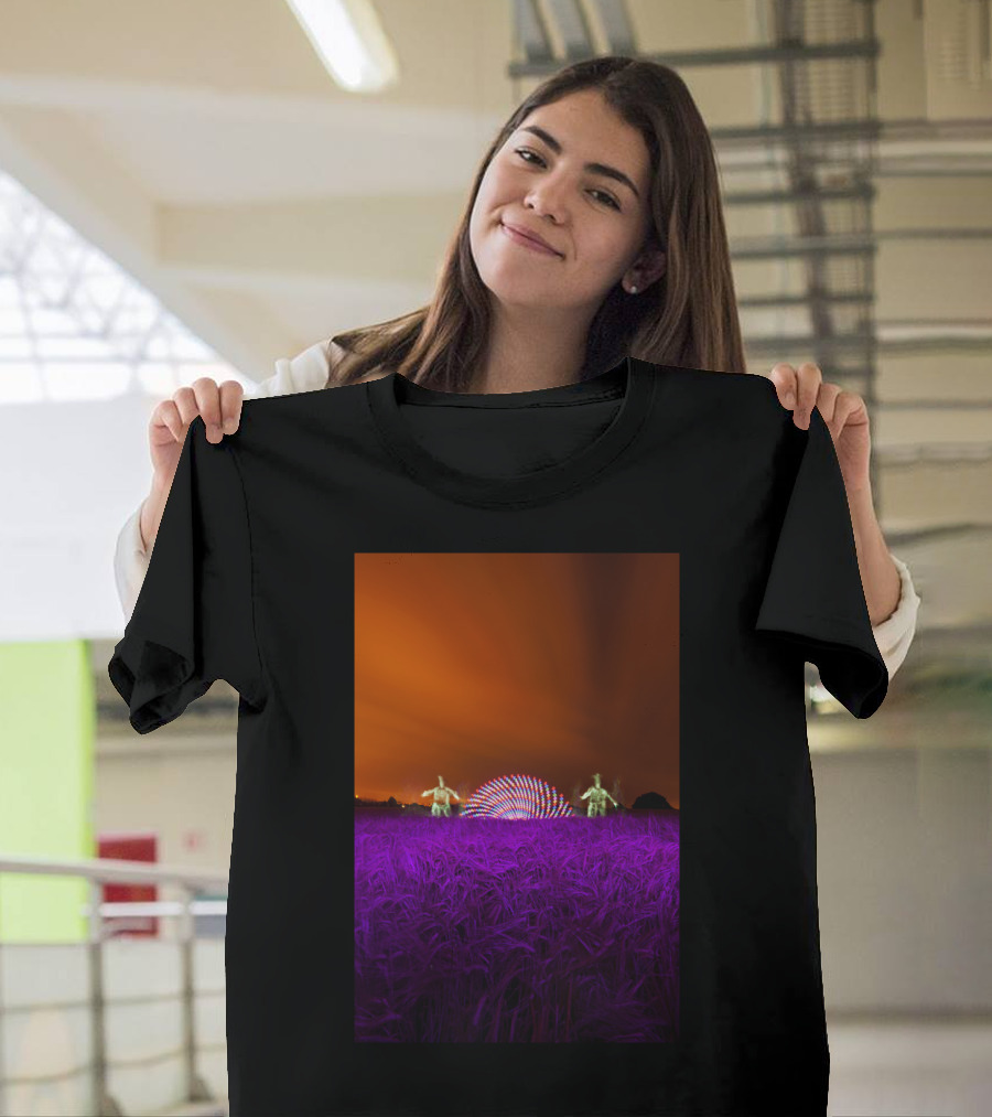 Crop Circle Creators Light Show in Purple Wheat Field Under Fiery Sky T-Shirt