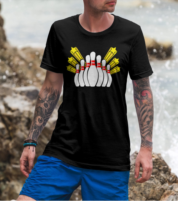 Bowling Pins And Striking Stars Burst T-Shirt