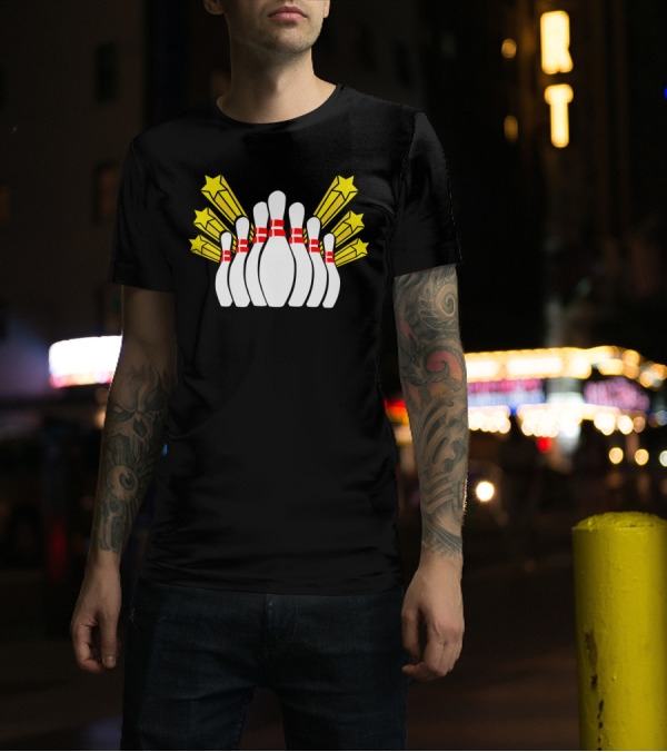 Bowling Pins And Striking Stars Burst T-Shirt