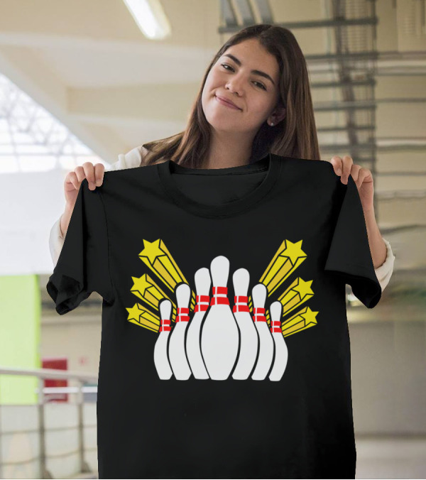 Bowling Pins And Striking Stars Burst T-Shirt