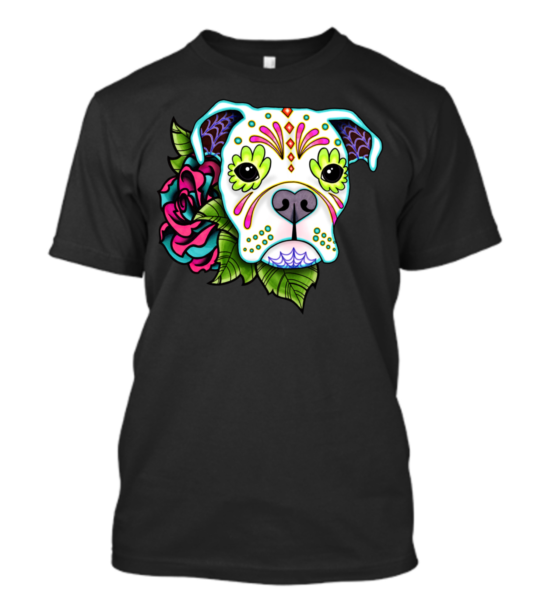 Boxer In White Day Of The Dead Sugar Skull Floral Accents T-Shirt