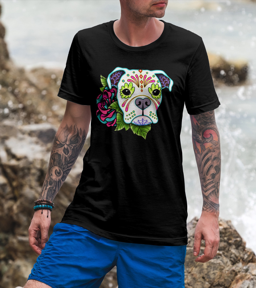 Boxer In White Day Of The Dead Sugar Skull Floral Accents T-Shirt