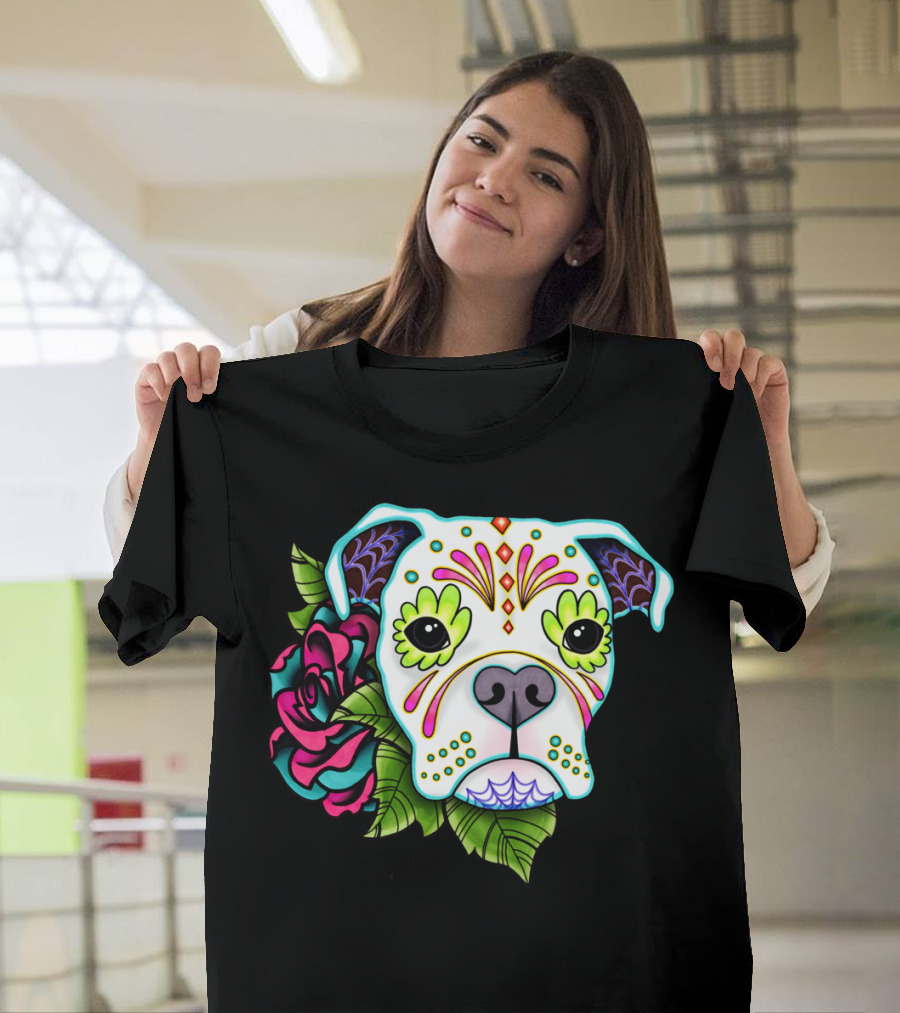 Boxer In White Day Of The Dead Sugar Skull Floral Accents T-Shirt
