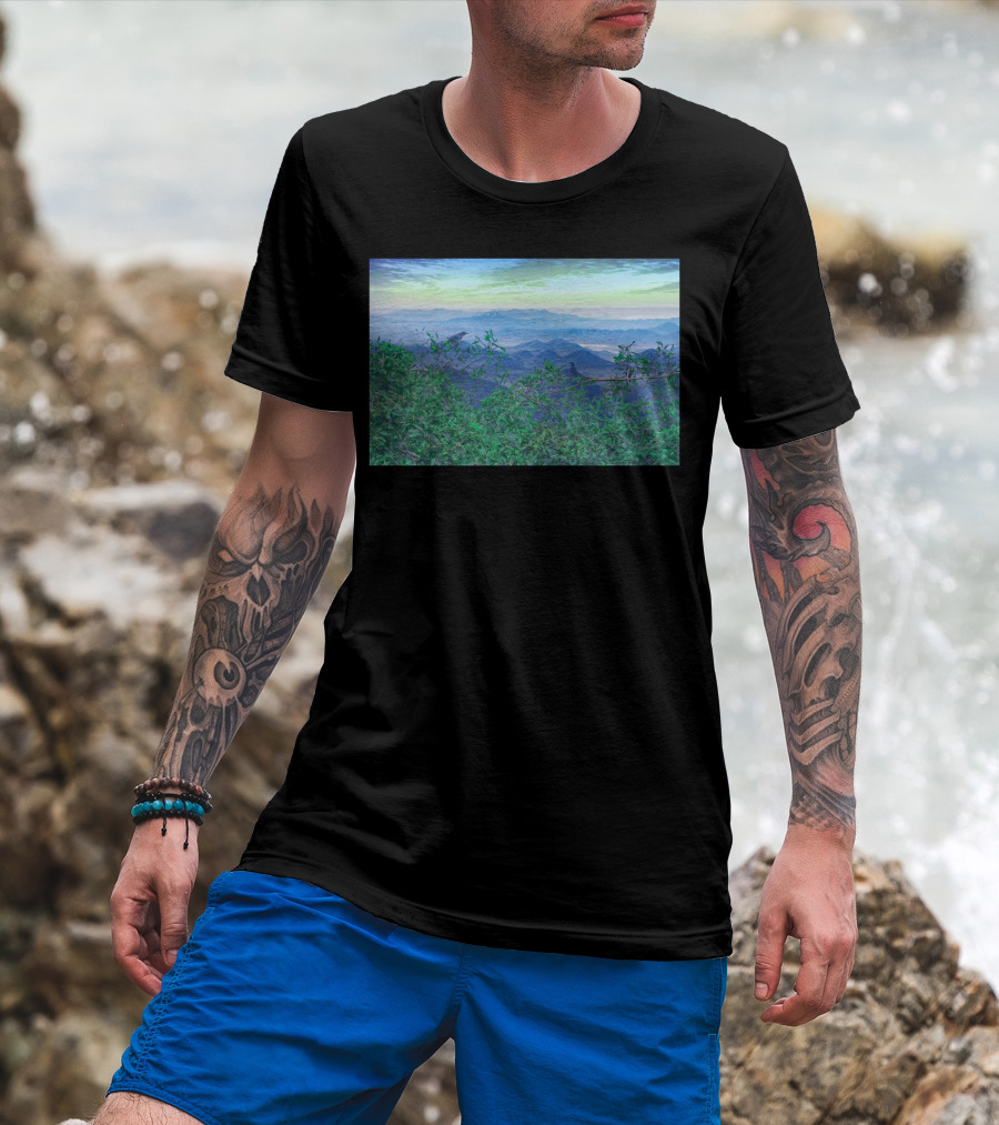 Fantasy Mountains And Verdant Hills Landscape Collage T-Shirt