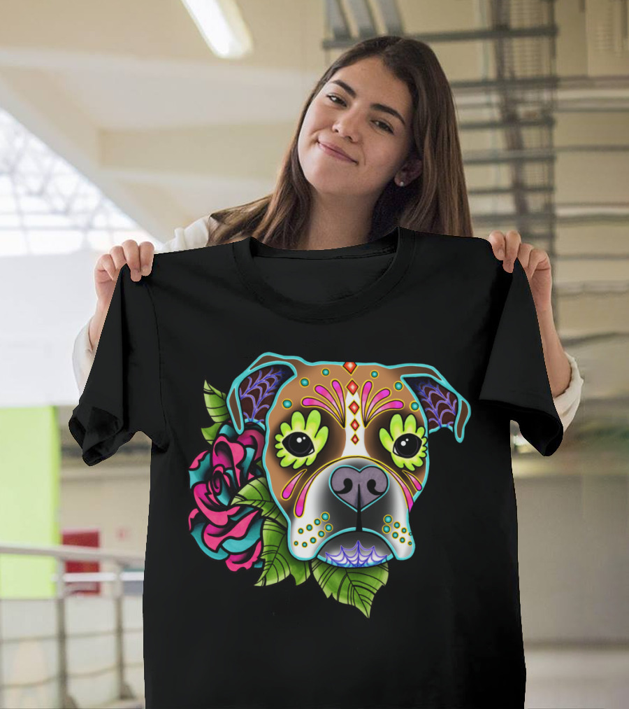 Boxer Dog Sugar Skull Day of the Dead with Colorful Flowers T-Shirt