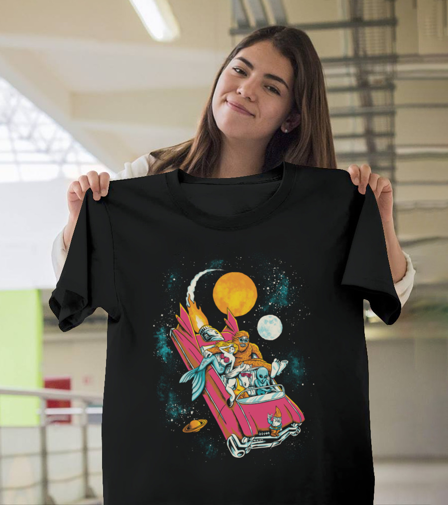 Space Adventure with Astronaut, Mermaid, Bigfoot, and Aliens T-Shirt
