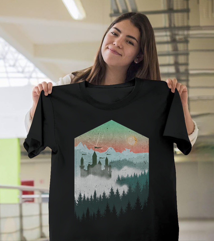 Faraway Land Mountain Castle Misty Forest Sunset T-Shirt