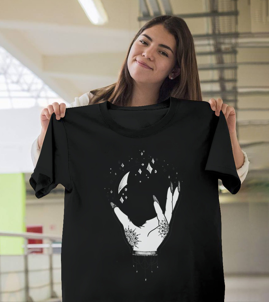 Crystal Ball Mystic Hand with Moon and Star Symbols T-Shirt
