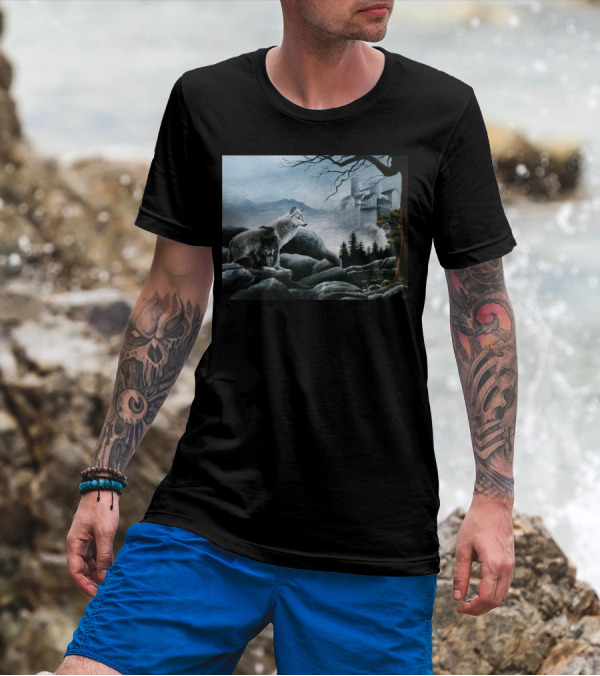 Castle Guards Wolf Duo In Misty Fortress Landscape T-Shirt