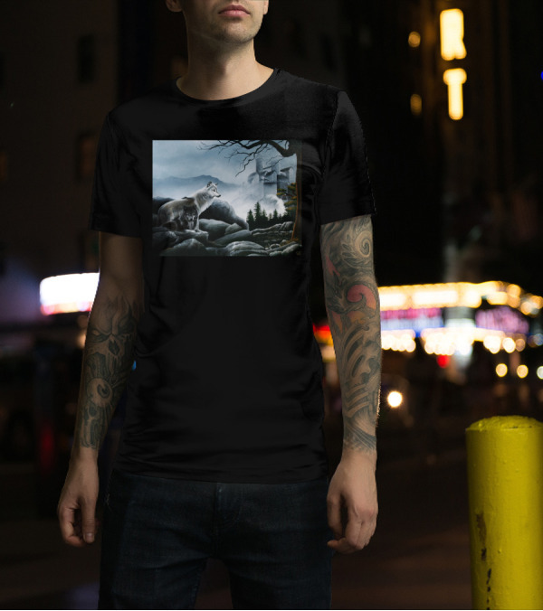 Castle Guards Wolf Duo In Misty Fortress Landscape T-Shirt